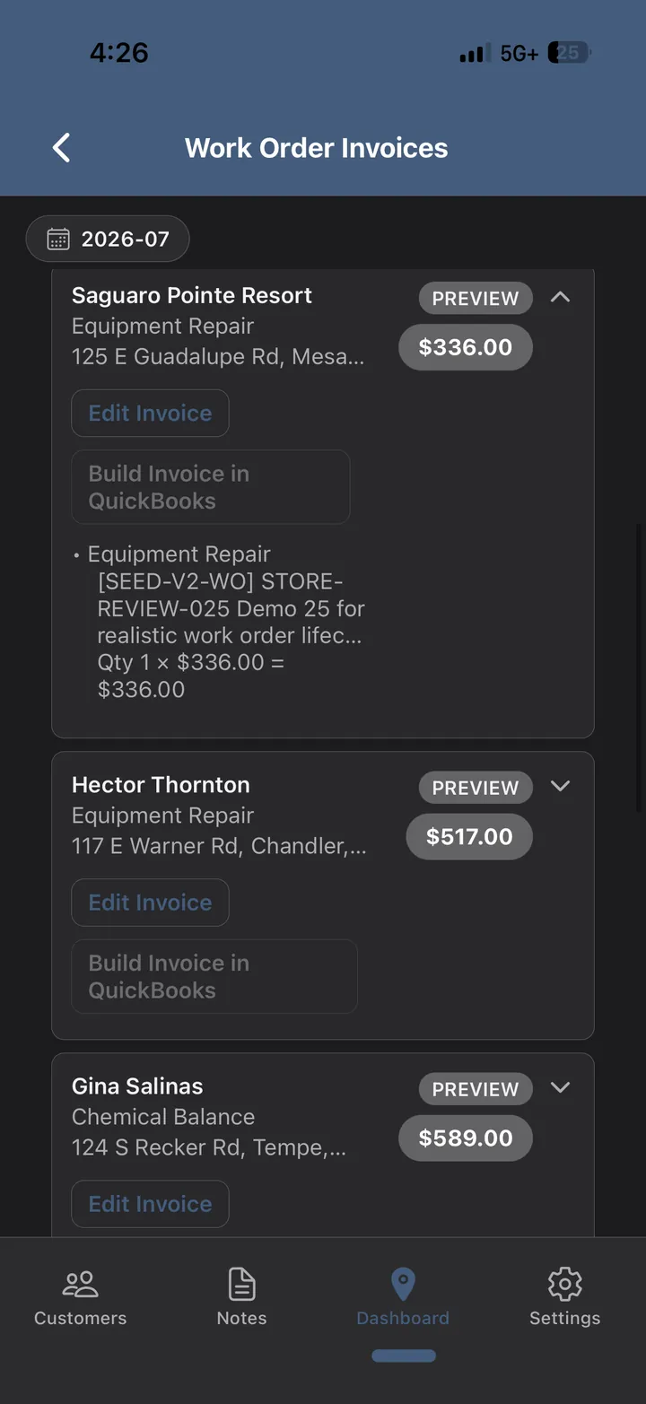 Work order invoices ready to build in QuickBooks, with line items and totals.