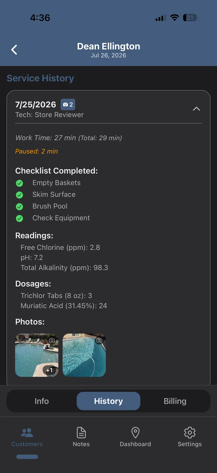 A completed service record showing work time, checklist, chemical readings, dosages and pool photos.